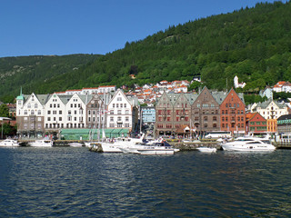 The historic Bryggen Hanseatic Wharf and the famous fish market of Bergen, Norway