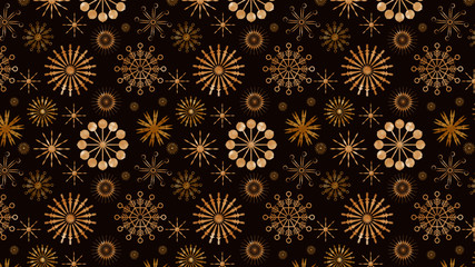 Vector seamless pattern of golden snow flakes over deep brown background... suitable for textile, fabric and decorative designs