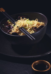 Freshly cooked instant noodles. Asian cuisine
