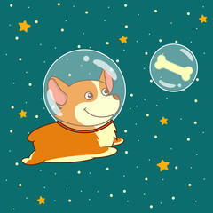 Fototapeta premium Cute smiling dog dressed in spacesuit is flying in outer space using, on starry space background.