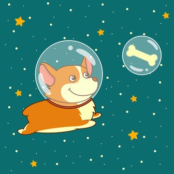 Cute smiling dog dressed in spacesuit is flying in outer space using, on starry space background.