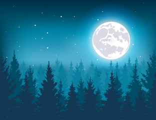 Night forest in winter vector illustration.