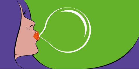 frau mit lila haar macht große kaugimmiblase popart