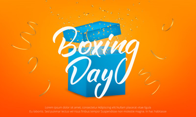 Boxing Day. Banner with Boxing Day lettering text, glossy gift box and realistic gold confetti particles flying around.