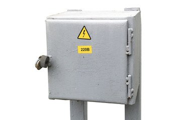 Municipal electrical grey outdoor cabinet with padlock and hazard sign isolated on white