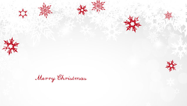 Christmas light background with white and red snowflakes and red Merry Christmas text - light version