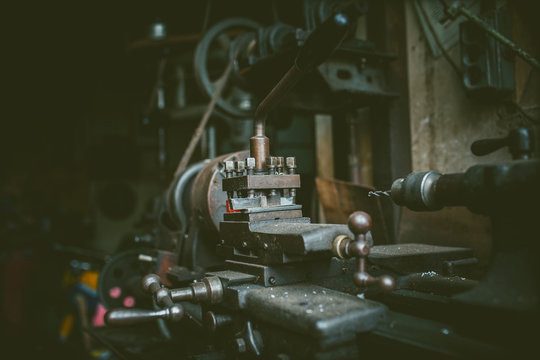 vintage turning machine in workshop