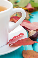cup of tea on the table with fallen leaves
