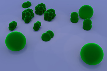 3D-Rendering von grünlichen, leicht durchsichtigen Kugeln unterschiedlicher Größe, teils verschmolzen, auf einer hellen Oberfläche stehend