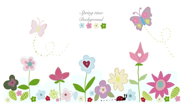 Beauty spring flowers, butterfly cute flowers. Spring time background