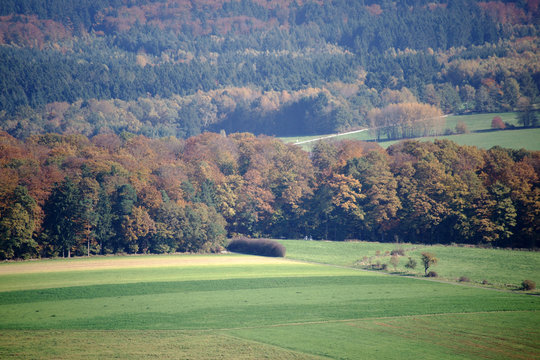 W&auml;lder Taunusgebirge  / Bewaldete Bergr&uuml;cken mit Mischwald und Nadelwald und Wiesen im Tal.