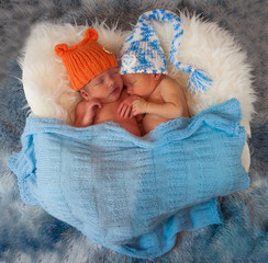 Newborn twins boys sleeping inside the wicker basket