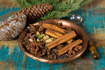 Collection of spices for winter and Christmas days, used for baking and mulled wine