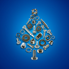 bolts, nuts, nails, screws, tools christmas tree blue - obrazy, fototapety, plakaty