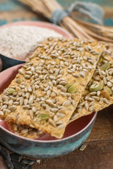 Whole grain wheat flour, sunflowers seeds and fresh baked crackers