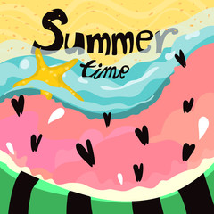 Summer time cartoon bckground. Yummy watermelon slice with hearts seeds on beach background, blue wave with sea foam and sand with sea star and lettering