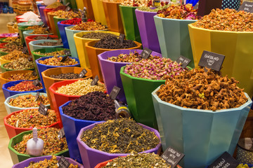 Seasonings and herbs in colorful pots for sale - Kemer, Turkey