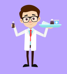 Cartoon Sleep disorders specialist Presenting Medicines Vector