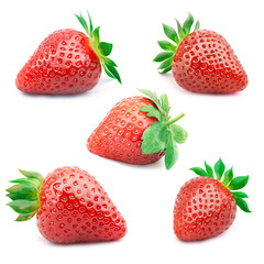 Set of five perfectly cleaned strawberries with leaves isolated on the white background with clipping path.