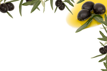 organic olive oil and black olives on a white background 