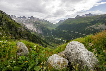 Fototapeta na wymiar road by Furka pass in Alps in Switzerland