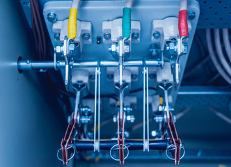 Wires and switches in electric box. Electrical panel with fuses and contactors