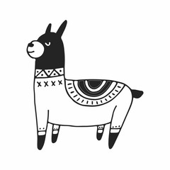 Cute hand drawn nursery poster with little llama in scandinavian style. Monochrome vector illustration
