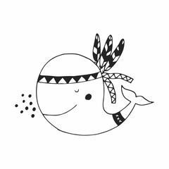 Hand drawn nursery poster with cute whale in scandinavian style. Vector illustration