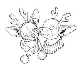 two cute dogs in New Year's costumes, pets chihuahua in deers costumes, christmas illustration, vector