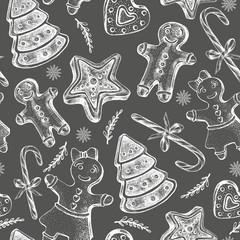 Seamless decorative pattern with Christmas and New Year's attributes. Hand drawn winter holidays elements. great for design wrapping paper.