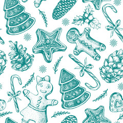 Seamless decorative pattern with Christmas and New Year's attributes. Hand drawn winter holidays elements. great for design wrapping paper.
