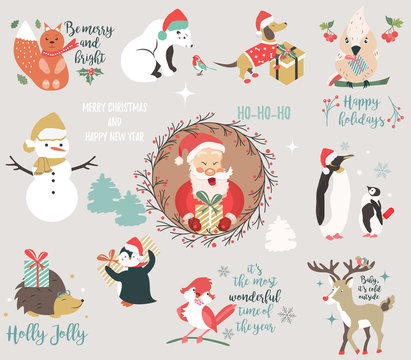 Big holiday set with funny characters and symbols