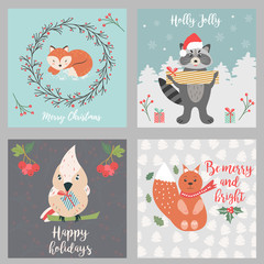 Fototapeta na wymiar Set of holiday greeting cards with cute forest animals