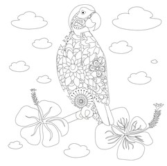 Anti stress abstract parrot, flowering hand drawn antistress page doodle style monochrome stock vector illustration