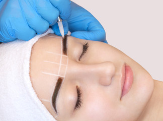 Permanent make-up for eyebrows of beautiful woman with thick brows in beauty salon. Closeup...