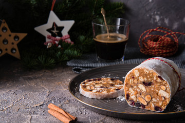 Panforte. Traditional italian christmas cake in dark style. Copy space.