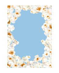 Frame made of popcorn over the light blue background