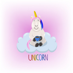 Unicorn sitting on the cloud among pink mist. Magic creature with colored hair drinks coffee sitting on the cloud.
