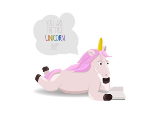 Unicorn with pink hair reads a book isolated on white background. Magic creature and motivational quote. Unicorn lying and reading.