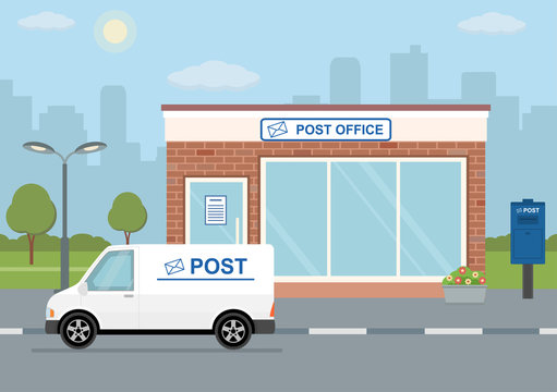 Post office building, delivery truck and mailbox on city background.  Flat style, vector illustration. 
