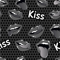 Female pattern lips. Mouth with a kiss, smile, tongue and kiss me lettering on background. Vector comic lips kiss seamless pattern in pop art retro style. Abstract kiss seamless pattern for girls