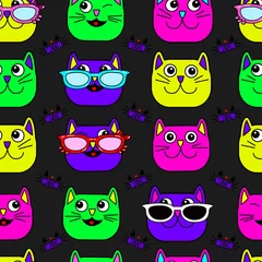 Fotobehang Abstract seamless cat pattern for girls, boys, clothes. Creative vector background with cat, glasses, eyes, mustache. Funny cat wallpaper for textile and fabric. Fashion pattern style. Colorful bright © mamenkoaleks
