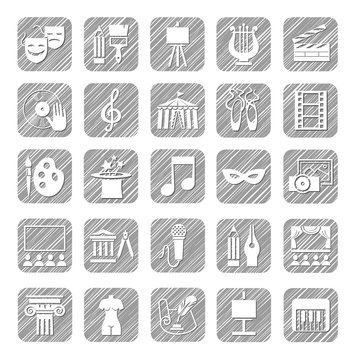 Culture and art, icons, monochrome, vector, shading with a pencil. Different types of art and entertainment. White icons on grey shaded field.  