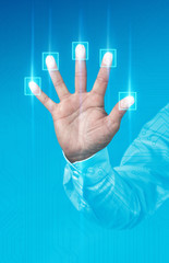 Biometric scanning of a hand, with fingerprints to secure your business: close up concept