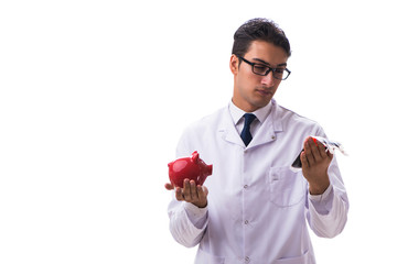 Doctor in blood donation concept isolated on white