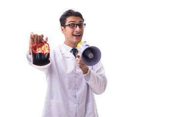 Doctor in blood donation concept isolated on white