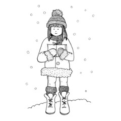 Original cute vector illustration of winter girl with warm hat, gift and snowflakes, standing on  snow.
