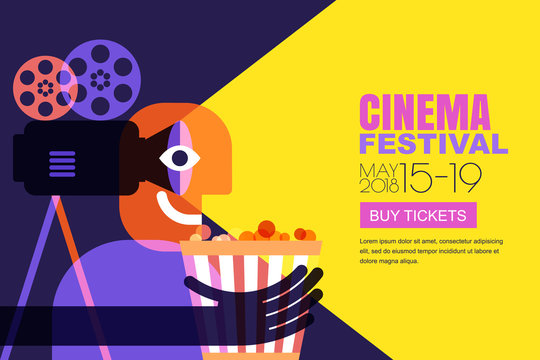 Vector cinema festival poster, flyer background. Abstract sale tickets banner background. Movie time and entertainment concept. Man with popcorn and camera, trendy flat illustration.
