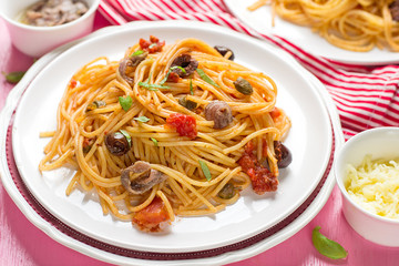 Pasta with tomatoes, olives, capers and anchovies Spaghetti alla puttanesca