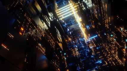 3d render, abstract futuristic urban background, night city, neon lights, virtual reality, cyber safety, electronics, networking, cryptography, quantum computer
